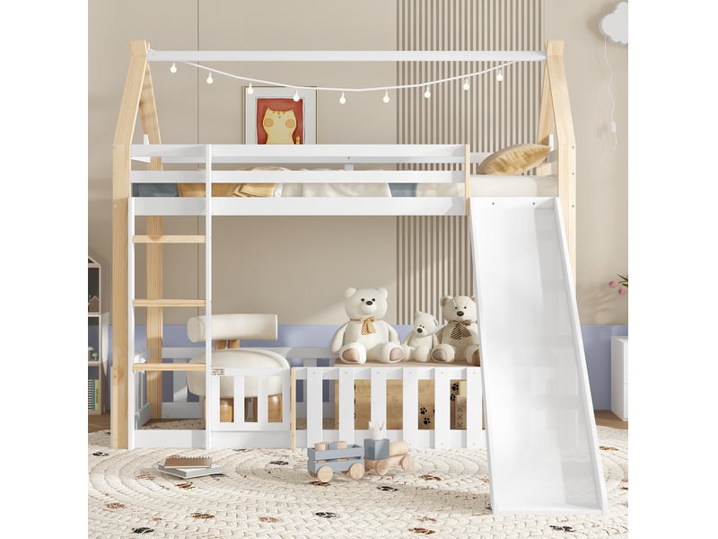  Modenvie lit mezzanine enfant 90x200 cm - avec toboggan, toit cabane, sans matelas - blanc et naturel  - Conforama E