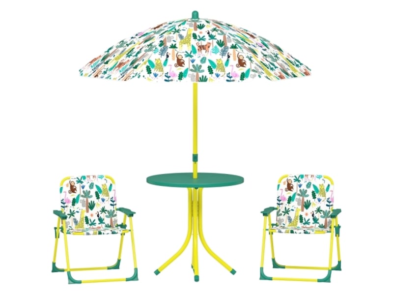  Ensemble table et chaises enfant 4 pièces, 2 chaises pliantes, parasol amovible, vert  - Conforama A