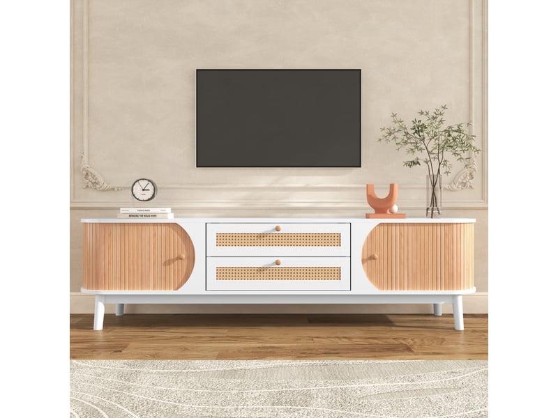  Meuble tv rotin 170 cm bois et blanc avec portes et tiroirs style campagne  - Conforama B