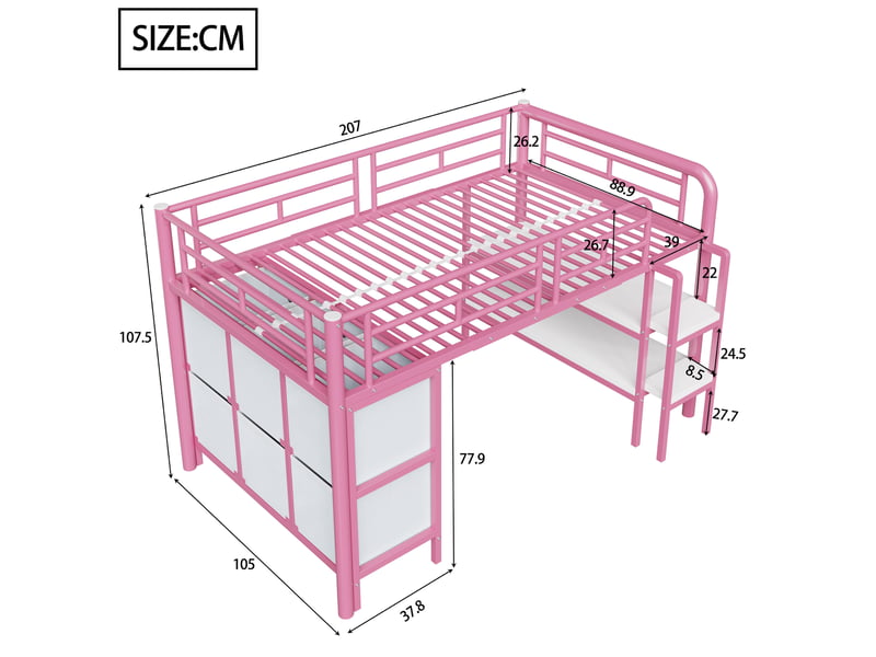 Lit mezzanine enfant 90x200 cm basse hauteur tiroirs rangements marches larges coins arrondis métal rose sans matelas - Conforama C