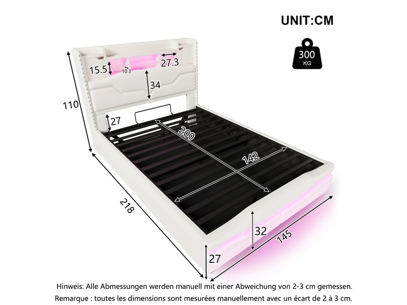  Lit rembourré, 140 x 200 cm, avec prise de chargement usb-c, éclairage d'ambiance sous le lit, tête de lit avec compartiment de rangement, lit coffre hydraulique, sans matelas, avec éclairage led, beige  - Conforama C