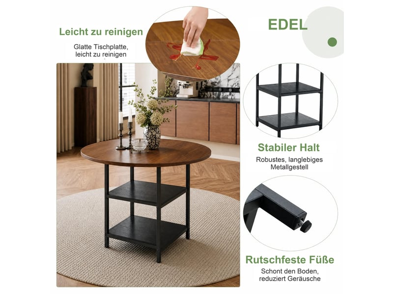  Table à manger ronde 107 cm avec double étagère de rangement - lpospi - plateau mdf aspect noyer, métal noir  - Conforama E