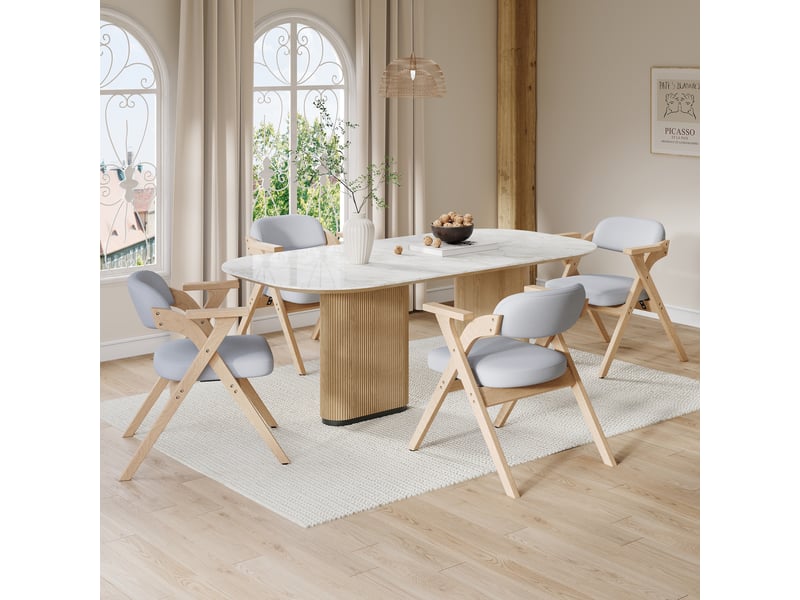  Lot de 4 chaises de salle à manger pliables avec accoudoirs et dossier rembourré en bois et lin gris  - Conforama B