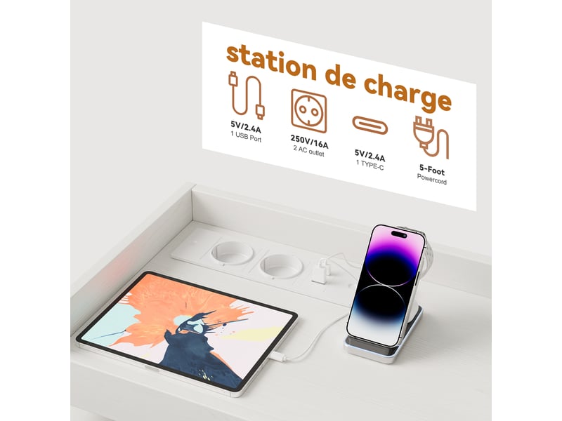  Commode 8 tiroirs avec led et prises - 108 x 30 x 82 cm-blanc - meuble de rangement avec station de charge et étagère ouverte  - Conforama E
