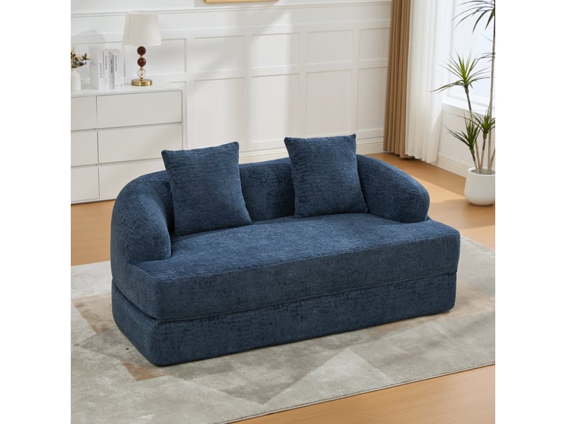  Canapé modulaire 2 pl 157x84x65cm, 2 coussins, mousse à haute densité, prêt à installer, adapté au salon, chenille, bleu marine  - Conforama E