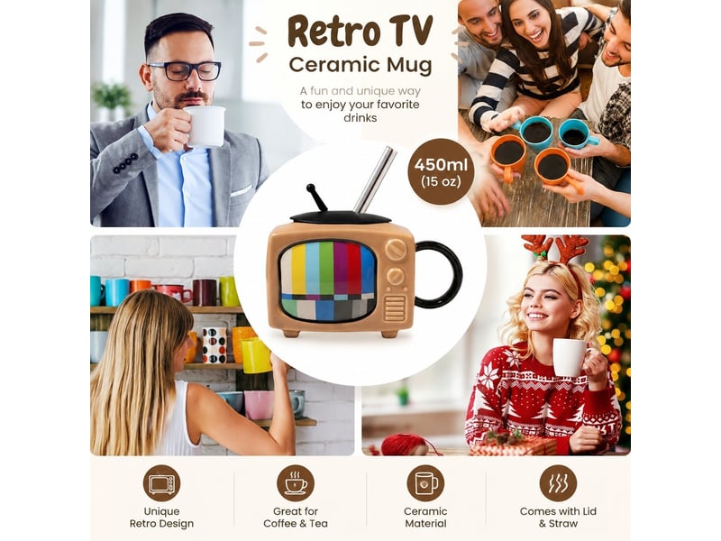  Mug en céramique avec couvercle et paille, télévision rétro, marron, 450 ml  - Conforama D