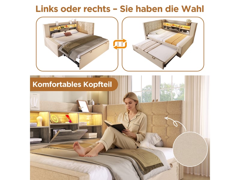 Lit gigogne 90x200 capitonné en lin beige avec led et ports usb - rangement intégré et sommier inclus - Conforama D