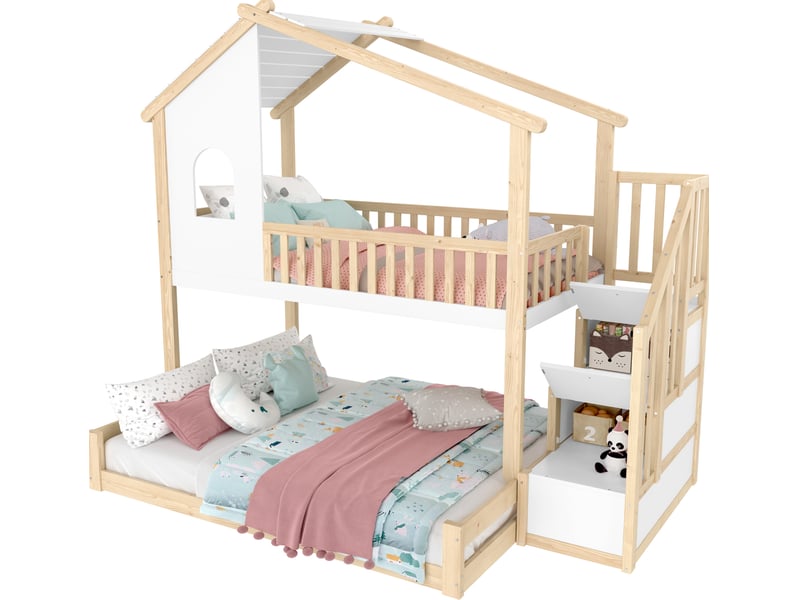  Modenvie lit superposé 90x200 cm + 140x200 cm - cabane avec fenêtre, échelle de rangement - naturel  - Conforama A