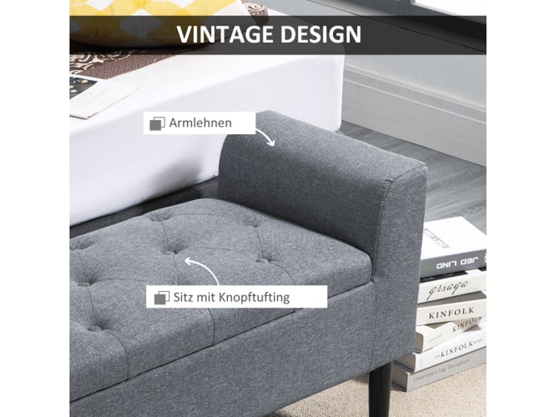  Banc coffre gris clair aspect lin, rangement, pieds en bois, charge 130 kg, 116x44x58 cm  - Conforama D