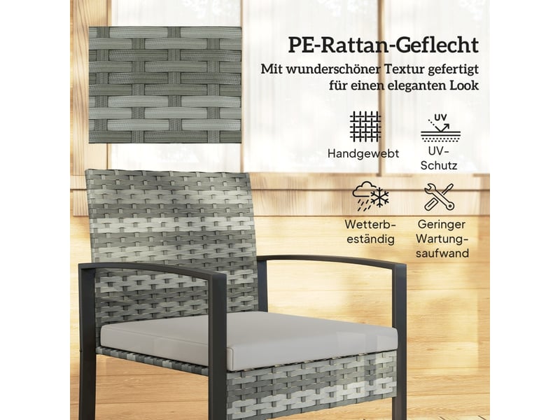  Ensemble table et chaise de jardin avec 2 fauteuils, 1 table basse et coussins, rotin synthétique et acier gris clair  - Conforama E