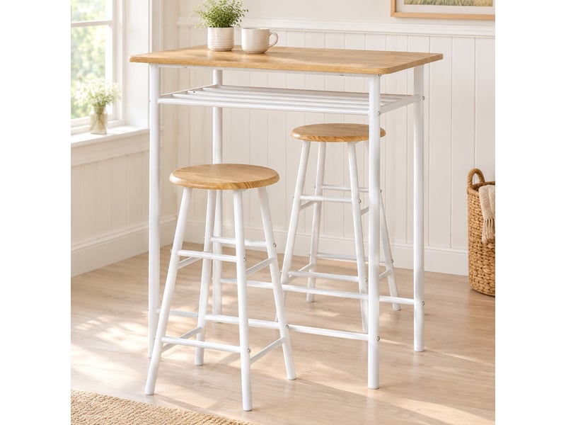  Ensemble table et chaises de bar avec 1 table et 2 tabourets  - étagère de rangement - mdf et acier - blanc  - Conforama C