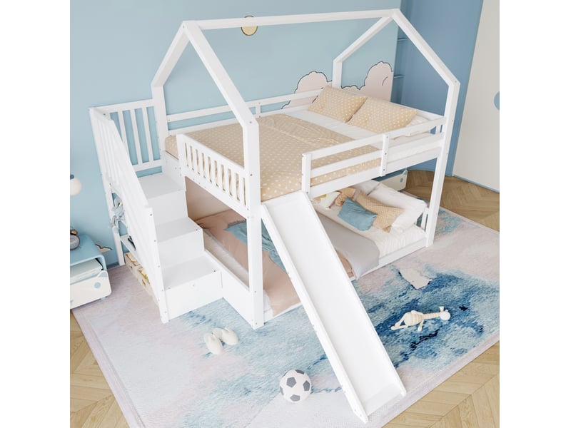  Lit superposé enfant 140x200 cm avec escalier, toboggan et rangement, blanc  - Conforama D