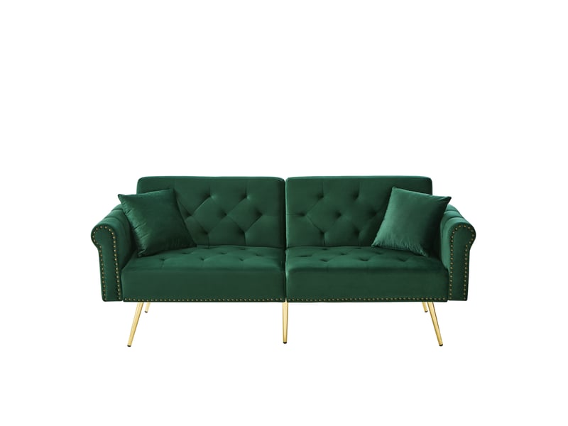 Canapé convertible 2 places velours vert antique, dos inclinable 3 positions, pieds métal doré, rangement sous assise, design contemporain salon - Conforama A