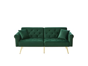 Canapé convertible 2 places velours vert antique, dos inclinable 3 positions, pieds métal doré, rangement sous assise, design contemporain salon