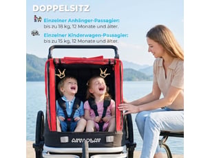 Remorque vélo enfant rouge 2 places, 2 en 1 pliable, siège réglable, harnais de sécurité