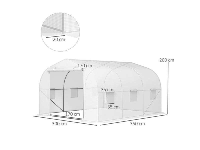 Serre tunnel de jardin avec 6 fenêtres et porte sectionnelle, acier et pe, 3,5 x 3 x 2 m, blanche  - Conforama E