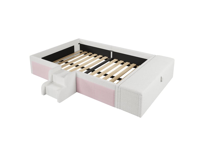  Lit rembourré, 140 x 190 cm, petit escalier, banc de lit avec coffre de rangement, sans matelas, velours, blanc  - Conforama A