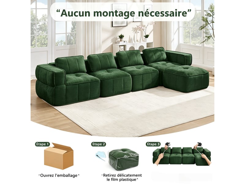 Canapé d'angle 4 places, pouf inclus, mousse 32d, assise profonde, revêtement confortable, 344×162×67 cm, vert  - Conforama E