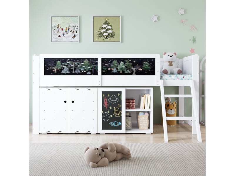 Lit mezzanine enfant simple 90×200 cm, armoire et tableau - échelle inclinée, sans matelas, bois blanc et noir - Conforama C
