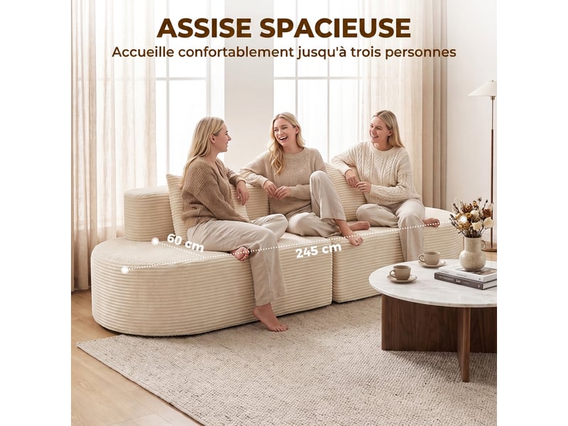  Canapé 3 places incurvé, velours côtelé 245cm, canapé salon, assise profonde, 2 coussins, compressé sans montage, crème  - Conforama E