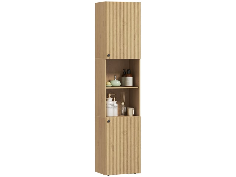  Armoire de salle de bain haute, 6 niveaux, 2 placards, 2 étagères ouvertes, compartiments ouverts, bois, couleur chêne  - Conforama B