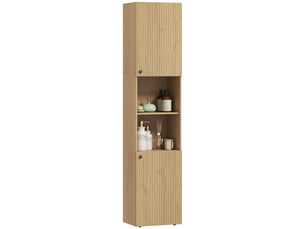 Armoire de salle de bain haute, 6 niveaux, 2 placards, 2 étagères ouvertes, compartiments ouverts, bois, couleur chêne