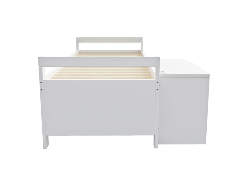  Lit enfant 90x200 cm bureau intégré rangements multiples prises 2 ports usb+secteur marche accès pin blanc sans matelas  - Conforama R