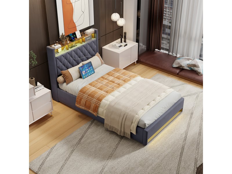  Lit double 140x200 cm en velours gris foncé avec tête de lit rembourrée homvra  - Conforama D