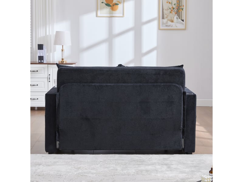 Canapé convertible 2 places avec poches latérales et 4 coussins  - fonction lit, structure compacte, chenille noir  - Conforama C