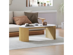 Table basse ovale, table d'appoint aspect effet marbre, coins arrondis pieds épais, blanc, 110 x 50 x 40 cm