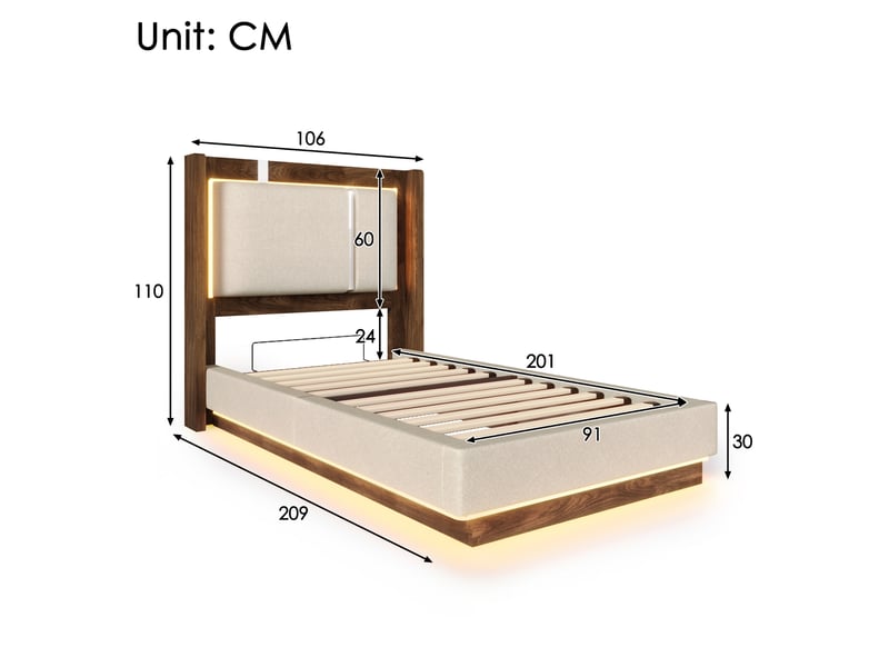  Lit coffre 90x200 beige en lin, tête rembourrée avec led, sommier à lattes et rangement  - Conforama C