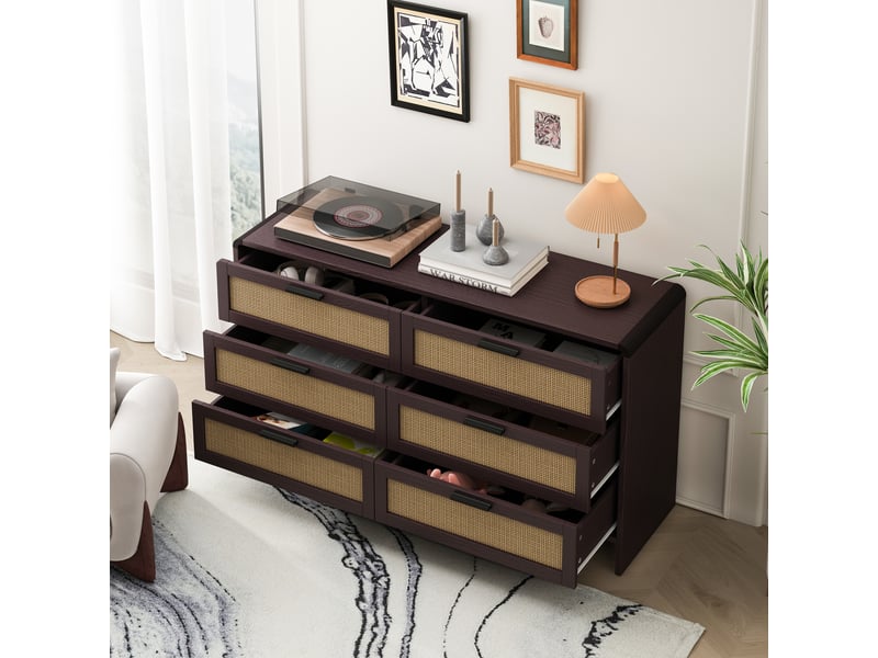  Buffet 130x40x74cm, meuble de rangement, commode avec 6 tiroirs, élégant, panneau de particules, marron  - Conforama D
