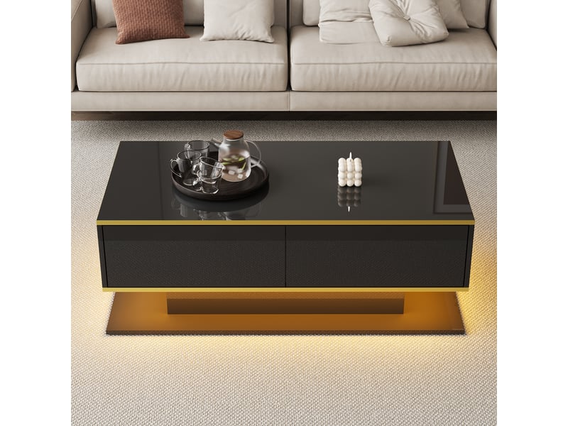  Table basse avec 3 tiroirs et 1 niche ouverte et led, finition brillante partielle, en panneau de particules, noir et or - uvrion  - Conforama D
