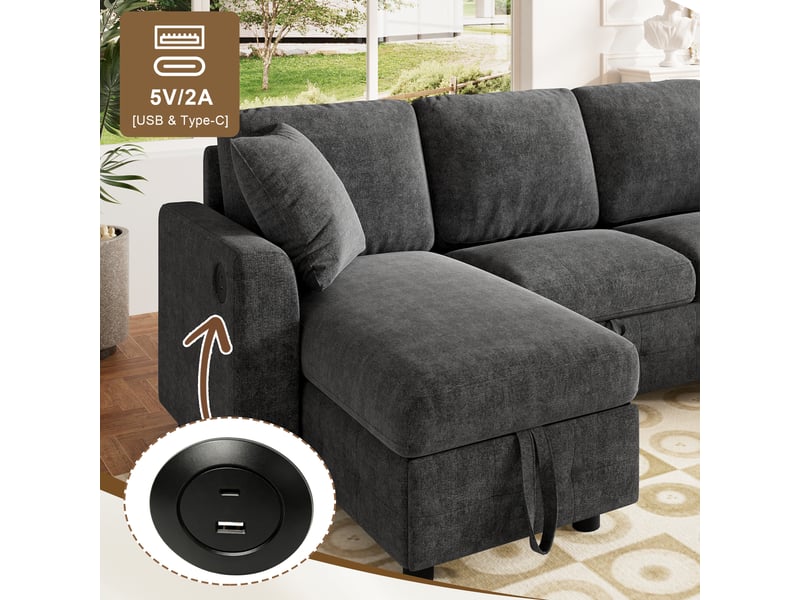 Canapé panoramique gris en chenille, 260 × 128 × 82 cm, avec couchage, pour salon et charge max. 150 kg - Conforama C