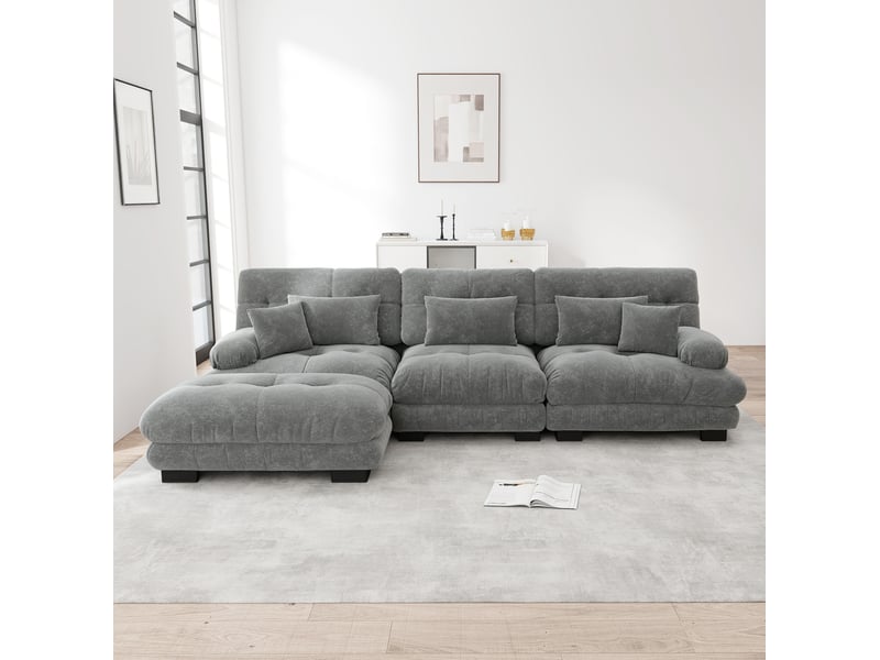 Canapé-lit modulable d’angle 3 places avec ottomans mobiles en chenille gris - 313 x 145 x 81 cm - Conforama D
