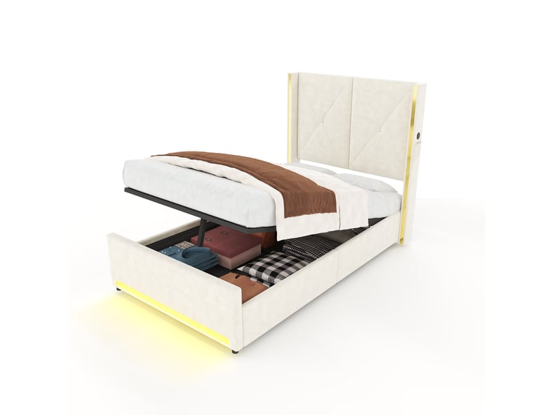  Lit coffre enfant 90x200 cm en velours beige avec led, usb et usb-c  - Conforama A