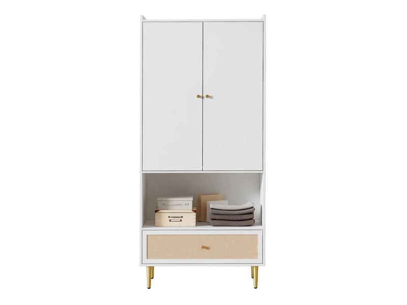  Armoire avec 2 portes, 1 tiroir en rotin et tringle, pieds métalliques, pour chambre, blanc naturel, 80 × 48 × 175 cm  - Conforama A