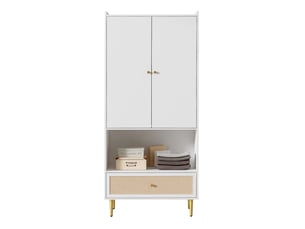 Armoire avec 2 portes, 1 tiroir en rotin et tringle, pieds métalliques, pour chambre, blanc naturel, 80 × 48 × 175 cm