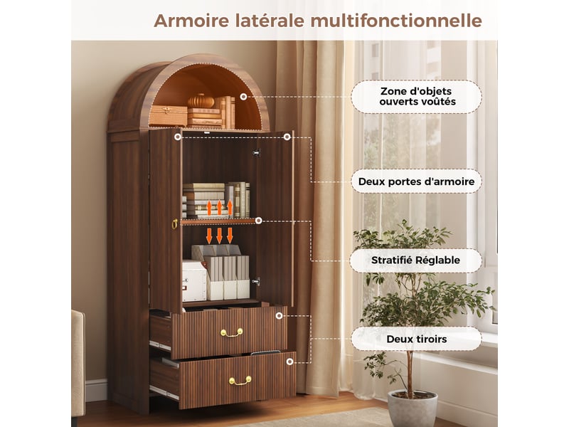Vaisselier haut 76x38x180 cm, led par application, 2 portes, 2 tiroirs, niche cintrée, façade rainurée, rangement - noyer - Conforama E