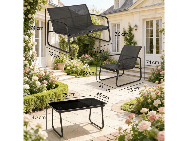  Salon de jardin,4 pièces avec table basse en verre,acier,noir et gris  - Conforama C