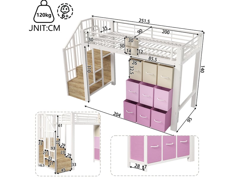  Lit mezzanine 90x200 cm avec tiroirs, tringle à vêtements, garde-corps, escalier de rangement mdf métal blanc sans matelas  - Conforama C