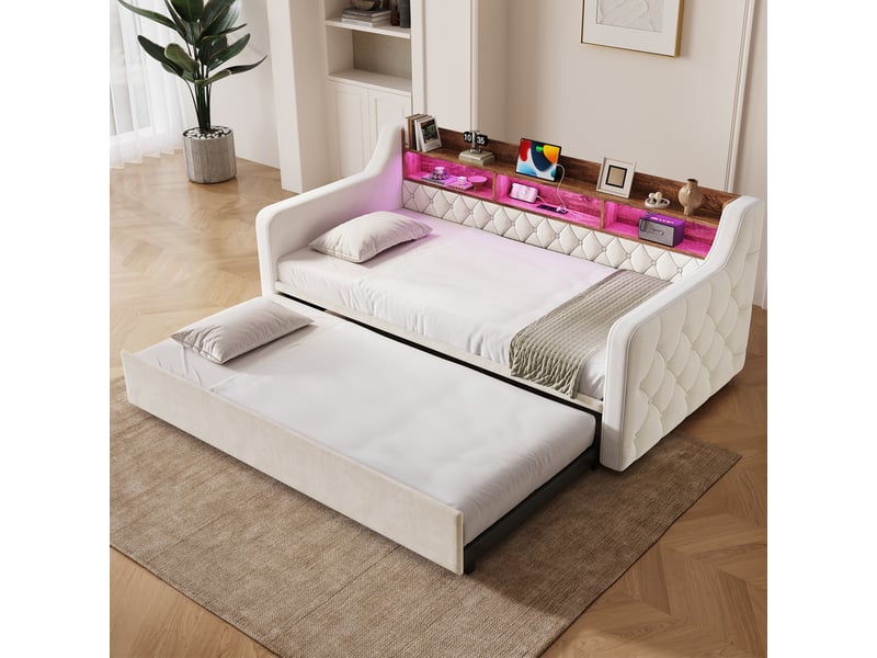  Lit convertible, 90x190 cm, tête de lit avec rangement, led, usb, type c, matelas non inclus, velours, coloris beige  - Conforama E
