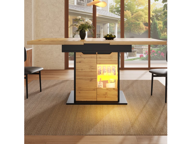  Table à manger extensible 110-140 x 80 x 76 cm, éclairage led intégré, couleur noir et naturel, compartiment en-cas, en mdf et verre trempé  - Conforama D
