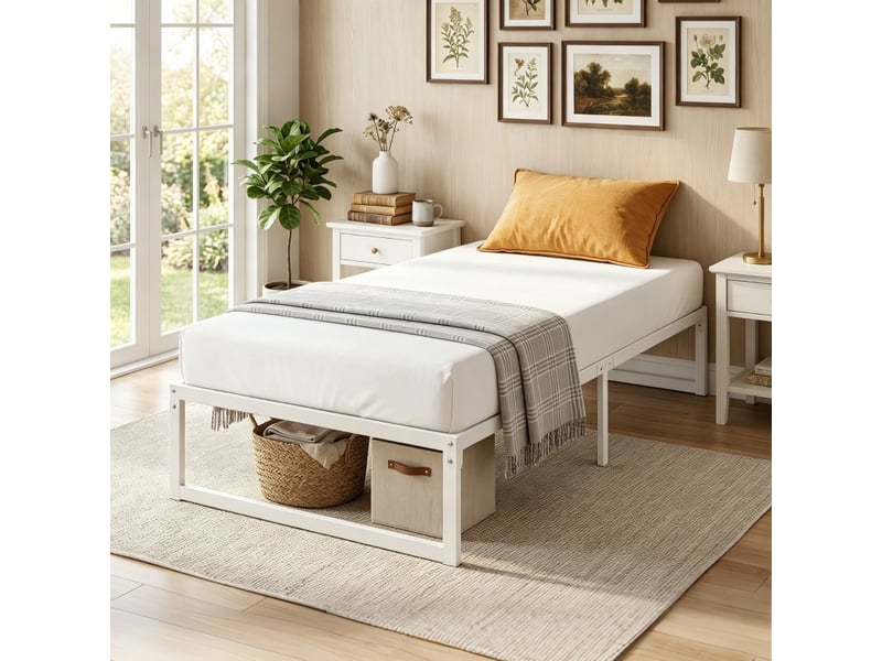  Lit simple 90x200 cm, lit enfant, sommier à lattes, rangement, métal blanc  - Conforama C