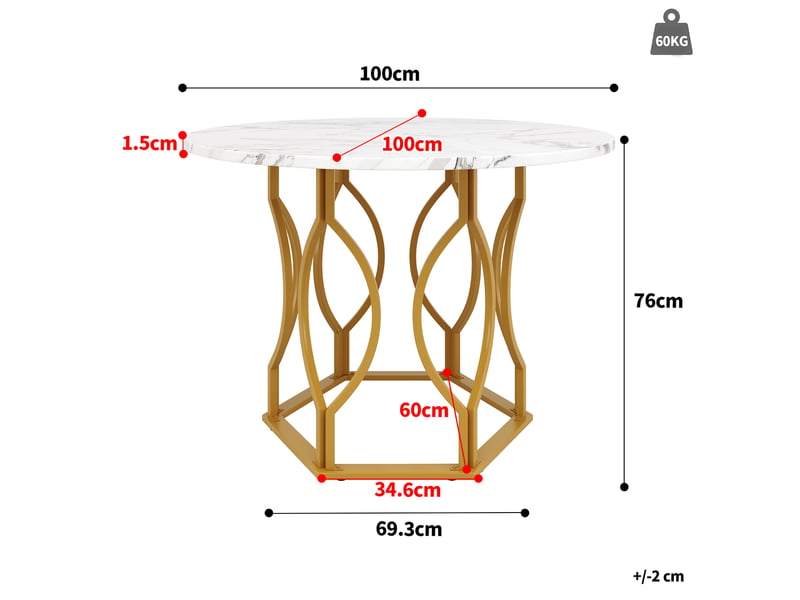  Table à manger ronde 100 cm en mdf et métal, blanche et dorée, 4 personnes  - Conforama C
