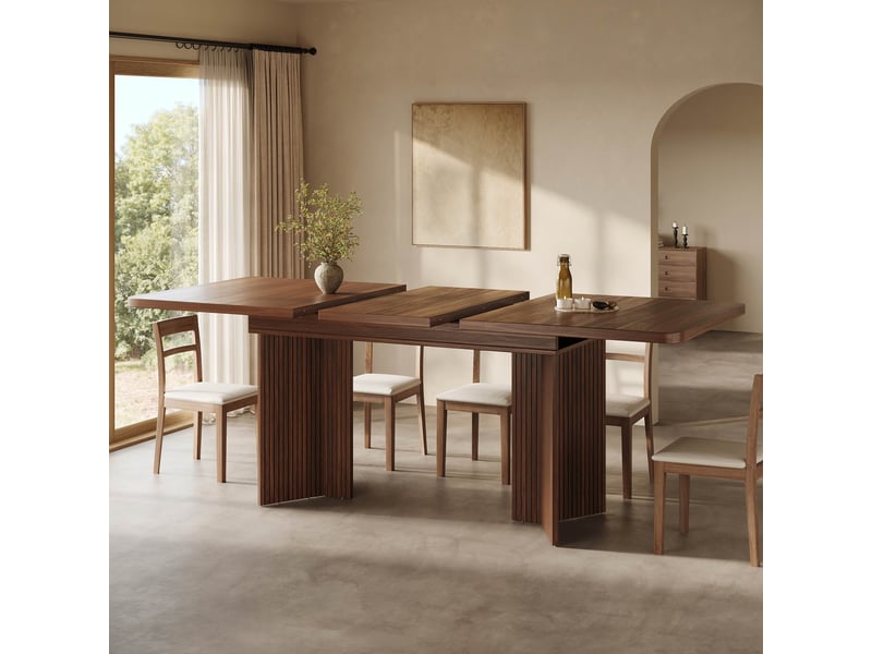  Table à manger extensible rectangulaire 120-160x80x76,1 cm, pieds en v rainurés, mdf et métal, noyer  - Conforama D