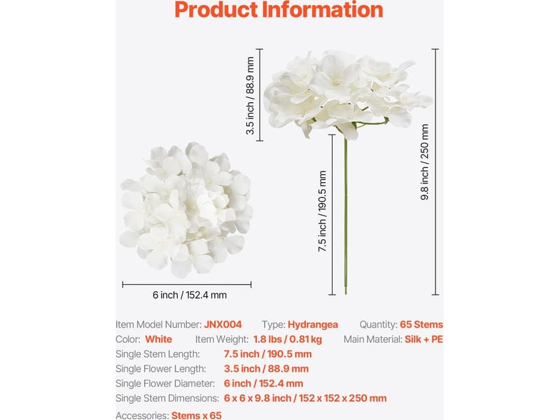  Mophorn lot de 65 hortensias artificiels de 250 mm avec têtes de 152,4 mm, offrant un aspect naturel. Idéal pour la décoration intérieure, les événements, les mariages et les centres de table.  - Conforama B