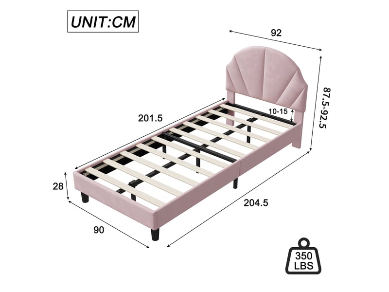  Lit jeunesse 90x200, lit simple 90x200, tête de lit réglable, revêtement velours, montage facile, rose  - Conforama C