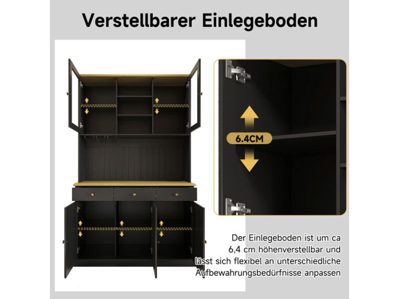  Buffet haut 120x40x191 cm avec portes vitrées, porte-verres, tiroir et rangement réglable, prises usb-c et usb-a, noir OMNIGLINT TRADING LTD - Conforama E