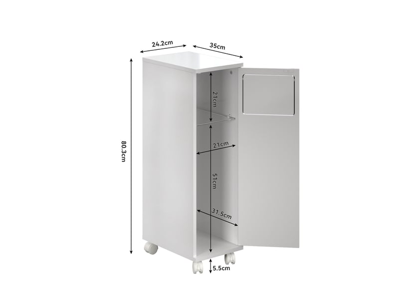  Meuble poubelle 24,2x35,1x80,2 cm, blanc brillant mdf, 1 porte sur roulettes, support sac inox intégré  - Conforama C